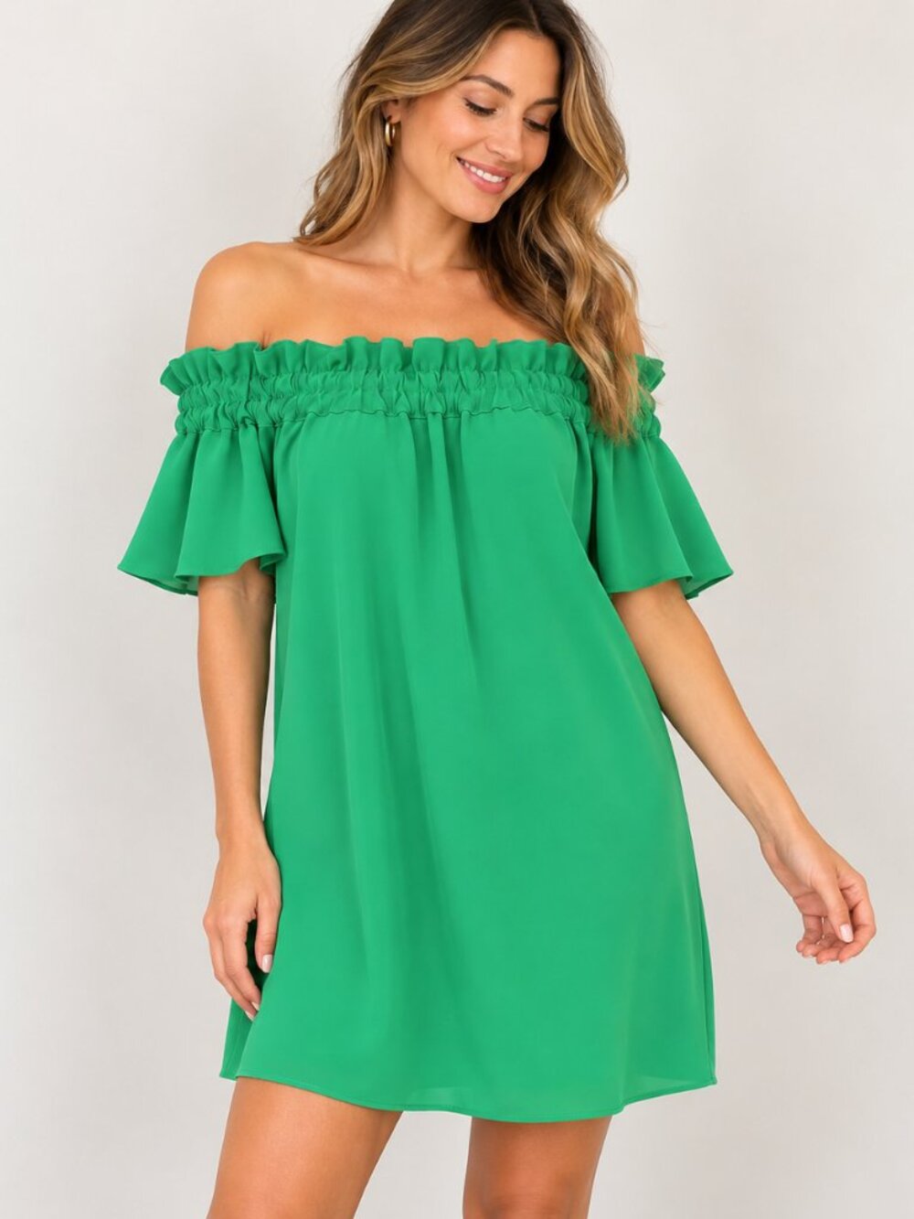 Pleione Green Off Shoulder Ruffle Dress Medium Petite NWT $69.